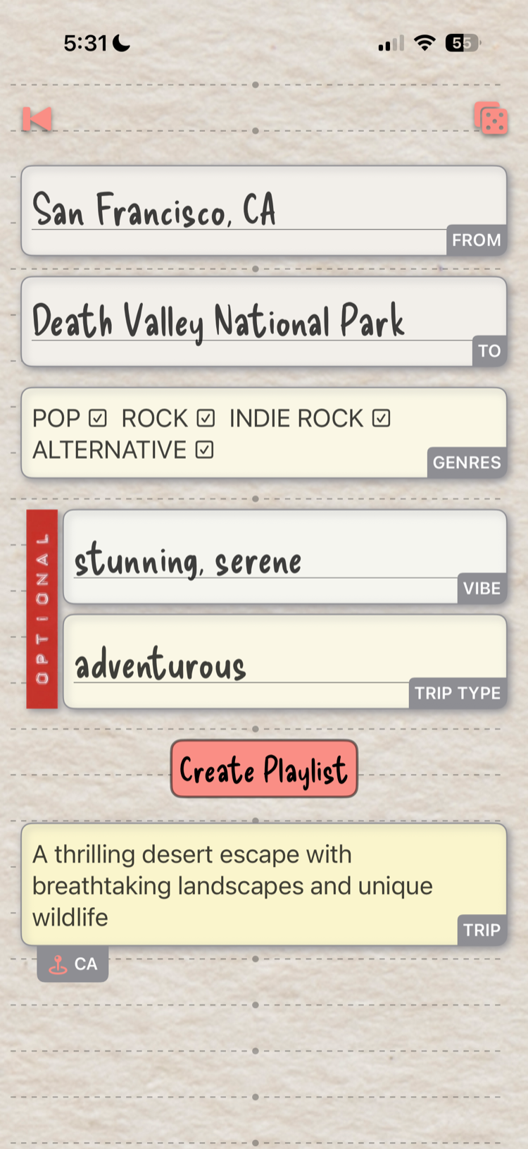 Trip Tunes suggesting a Death Valley desert trip — destination, vibe, and trip type